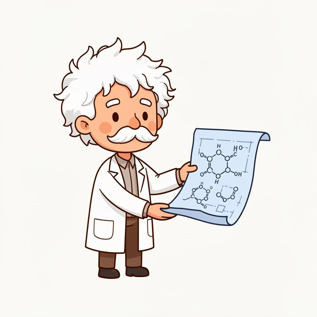 Cartoon scientist handing over a blueprint document