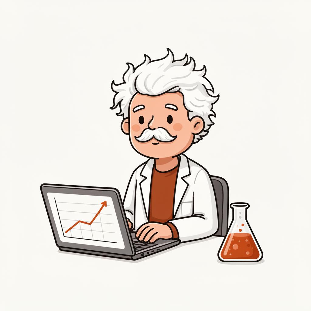 Friendly cartoon scientist with a laptop showing growth charts